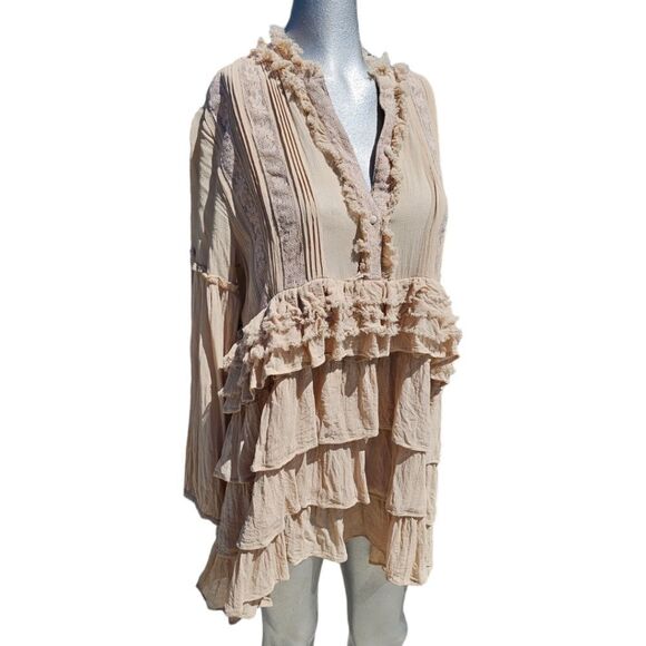 Summer of Love Beige Tiered Long Sleeve Bohemian  Neutral Mini Dress - Picture 5 of 13